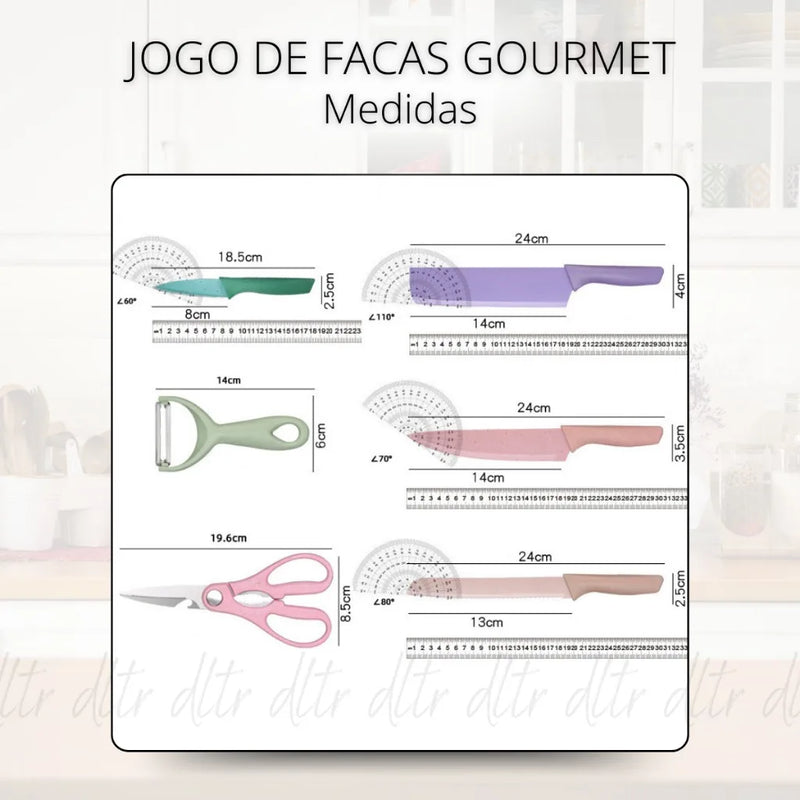 Conjunto Kit 6 Facas Profissional Colorido em Aço Inoxidável com 6 Peças para Churrasco e Cozinha Kitchen Tesoura Facas