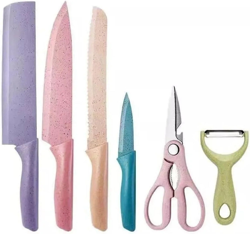 Conjunto Kit 6 Facas Profissional Colorido em Aço Inoxidável com 6 Peças para Churrasco e Cozinha Kitchen Tesoura Facas